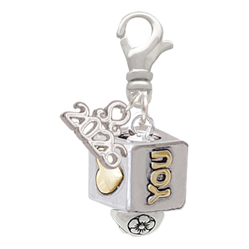 Two-tone Love You Square Spinner - Silver Plated Clip on Charm with Mini Year 2026: Year to Remember Jewelry Gift - Celebrations