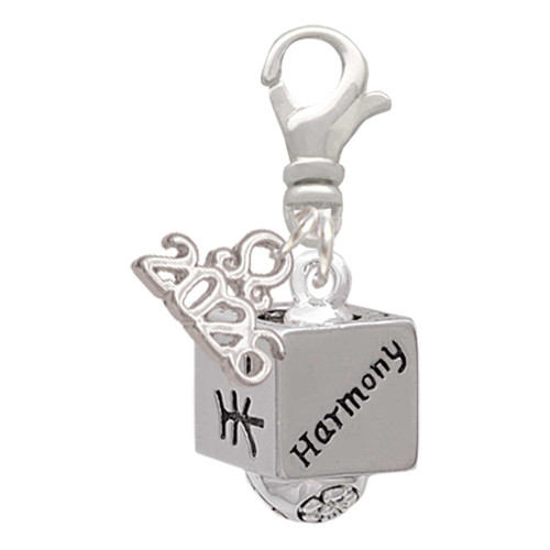 Silver Plated Chinese Symbol Harmony Square Spinner - Silver Plated Clip on Charm with Mini Year 2026: Year to Remember Jewelry Gift - Celebrations
