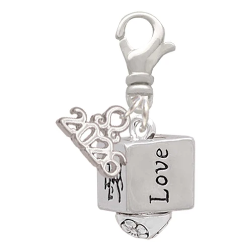Silver Plated Chinese Symbol Love Square Spinner - Silver Plated Clip on Charm with Mini Year 2026: Year to Remember Jewelry Gift - Celebrations