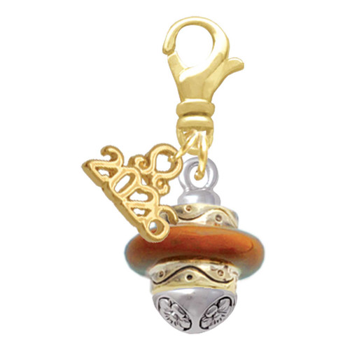 Gold-tone Translucent Brown Center Spinner - Gold-tone Plated Clip on Charm with Mini Year 2026: Year to Remember Jewelry Gift - Celebrations