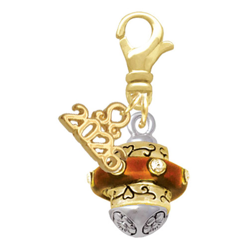 Gold-tone Translucent Brown Center with Clear Crystals Spinner - Gold-tone Plated Clip on Charm with Mini Year 2026: Year to Remember Jewelry Gift - Celebrations