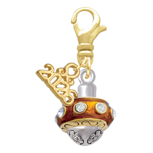 Gold-tone Translucent Brown with Crystals Spinner - Gold-tone Plated Clip on Charm with Mini Year 2026: Year to Remember Jewelry Gift - Celebrations