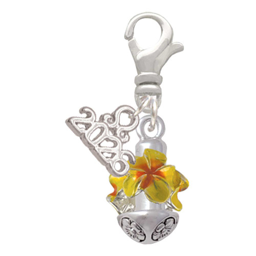 Silver Plated Hot Yellow & Orange Plumeria Flowers Spinner - Silver Plated Clip on Charm with Mini Year 2026: Year to Remember Jewelry Gift - Celebrations
