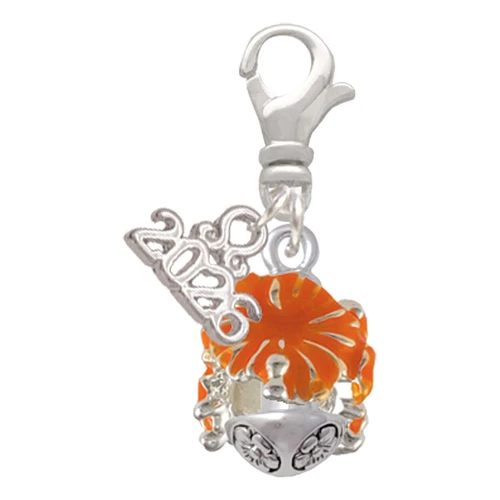 Hot Orange Hibiscus Flowers Spinner - Silver Plated Clip on Charm with Mini Year 2026: Year to Remember Jewelry Gift - Celebrations