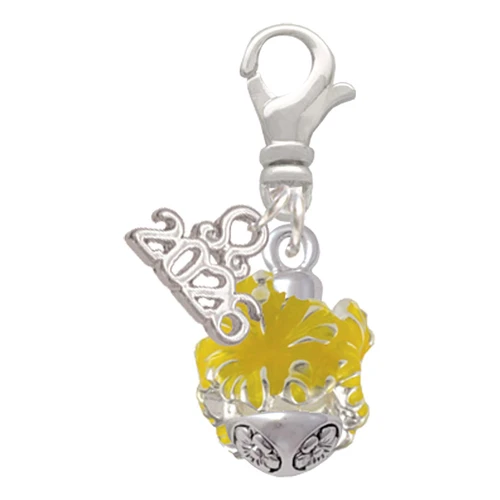 Hot Yellow Hibiscus Flowers Spinner - Silver Plated Clip on Charm with Mini Year 2026: Year to Remember Jewelry Gift - Celebrations