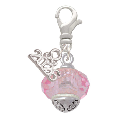 Pink Faceted Glass Spinner - Silver Plated Clip on Charm with Mini Year 2026: Year to Remember Jewelry Gift - Celebrations