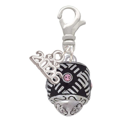 Silver Plated Diagonal Banded Barrel with Pink Crystals Spinner - Silver Plated Clip on Charm with Mini Year 2026: Year to Remember Jewelry Gift - Celebrations