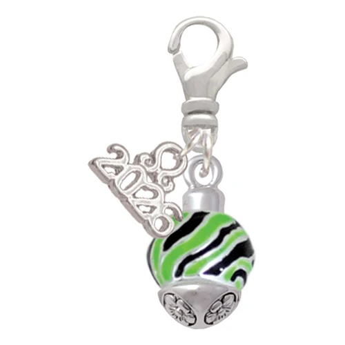 Silver Plated Wide Lime Green Zebra Print Band Spinner - Silver Plated Clip on Charm with Mini Year 2026: Year to Remember Jewelry Gift - Celebrations