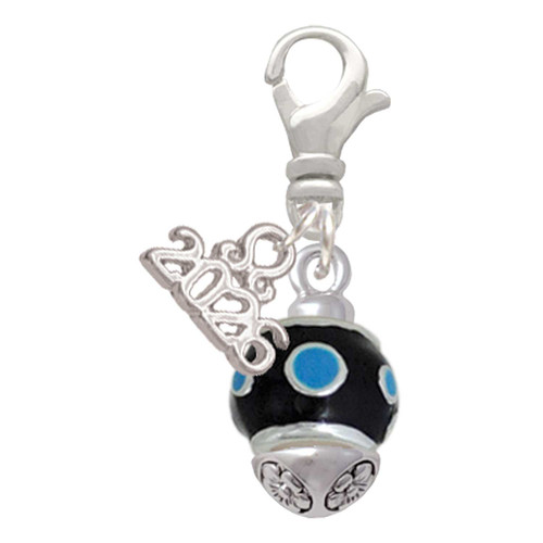 Silver Plated Hot Blue Dots on Black Spinner - Silver Plated Clip on Charm with Mini Year 2026: Year to Remember Jewelry Gift - Celebrations