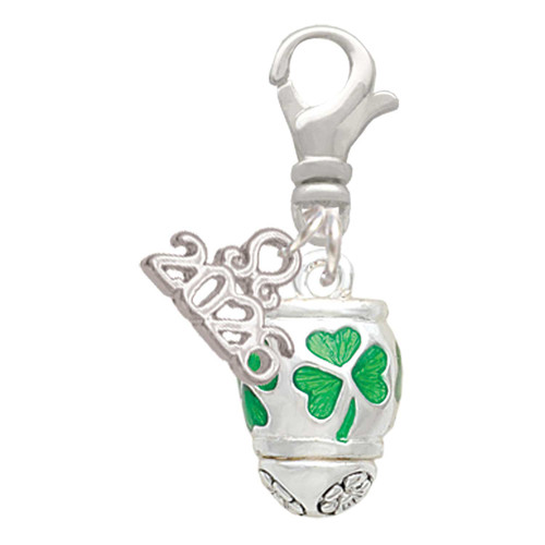 Silver Plated Green Shamrock Spinner - Silver Plated Clip on Charm with Mini Year 2026: Year to Remember Jewelry Gift - Celebrations