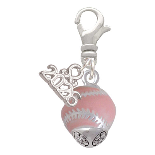 Silver Plated Pink Softball with Stitching Spinner - Silver Plated Clip on Charm with Mini Year 2026: Year to Remember Jewelry Gift - Celebrations