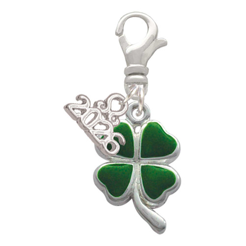 Silver Plated Green Four Leaf Clover with Heart Leaves - Silver Plated Clip on Charm with Mini Year 2026: Year to Remember Jewelry Gift - Celebrations