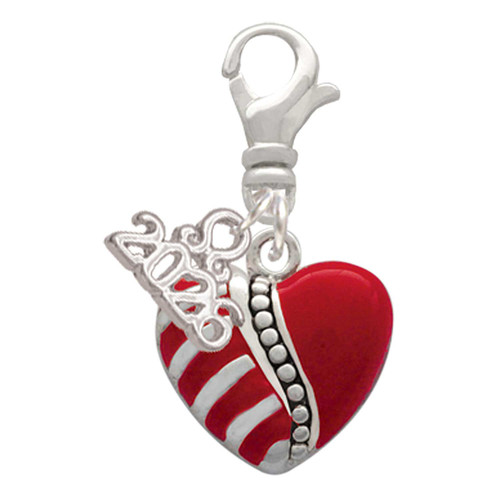 Silver Plated Striped Red Enamel Heart with Beaded Decoration - Silver Plated Clip on Charm with Mini Year 2026: Year to Remember Jewelry Gift - Celebrations