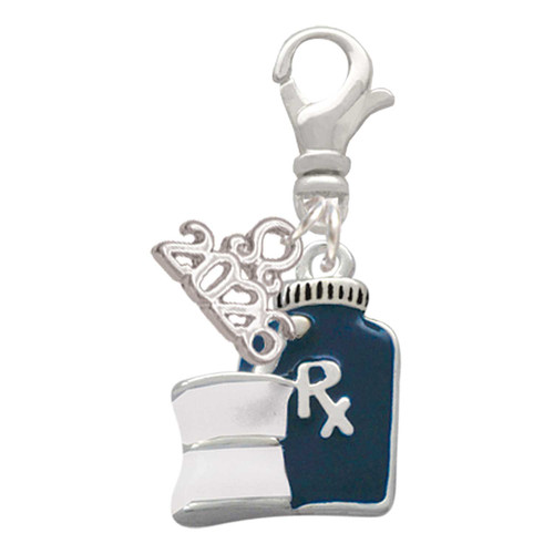 Silver Plated Blue Prescription Bottle - Silver Plated Clip on Charm with Mini Year 2026: Year to Remember Jewelry Gift - Celebrations