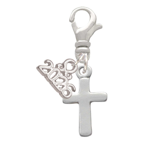 Silver Plated Simple Plain Small Cross - Silver Plated Clip on Charm with Mini Year 2026: Year to Remember Jewelry Gift - Celebrations