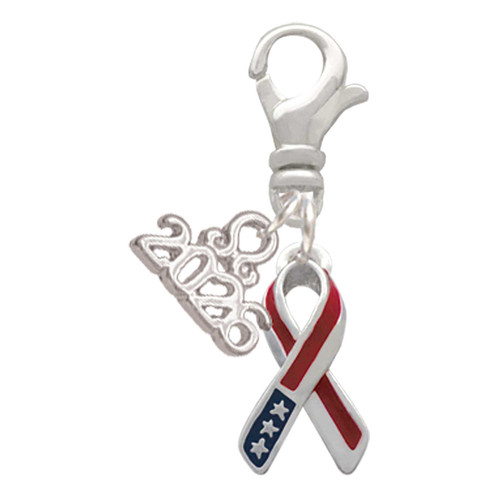 Silver Plated Patriotic Ribbon - Silver Plated Clip on Charm with Mini Year 2026: Year to Remember Jewelry Gift - Celebrations