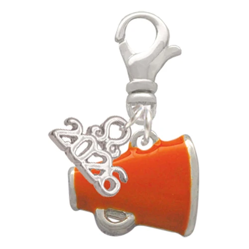 Silver Plated Small Orange Megaphone - Silver Plated Clip on Charm with Mini Year 2026: Year to Remember Jewelry Gift - Celebrations