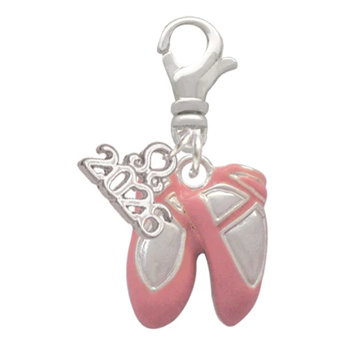 Silver Plated Large Pink Ballet Slippers - Silver Plated Clip on Charm with Mini Year 2026: Year to Remember Jewelry Gift - Celebrations