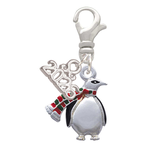 Silver Plated Penguin with Scarf - Silver Plated Clip on Charm with Mini Year 2026: Year to Remember Jewelry Gift - Celebrations