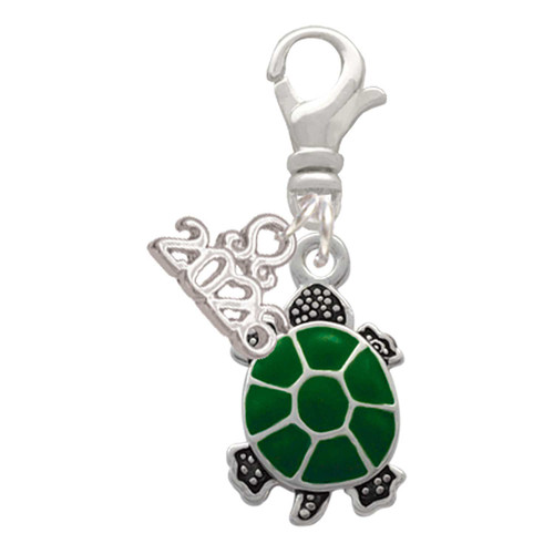 Silver Plated Green Top Turtle - Silver Plated Clip on Charm with Mini Year 2026: Year to Remember Jewelry Gift - Celebrations