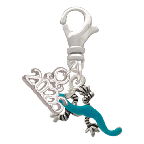 Silver Plated Small Teal Lizard - Silver Plated Clip on Charm with Mini Year 2026: Year to Remember Jewelry Gift - Celebrations