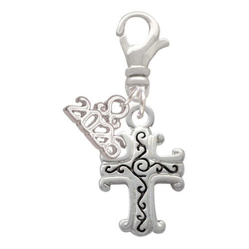 Silver Plated Scroll Cross with Antiqued Decoration - Silver Plated Clip on Charm with Mini Year 2026: Year to Remember Jewelry Gift - Celebrations