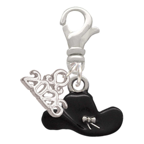 Silver Plated Black Cowboy Hat - Silver Plated Clip on Charm with Mini Year 2026: Year to Remember Jewelry Gift - Celebrations