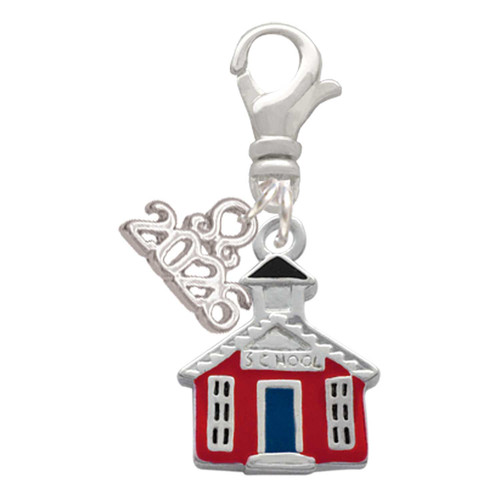 Silver Plated Red School House - Silver Plated Clip on Charm with Mini Year 2026: Year to Remember Jewelry Gift - Celebrations