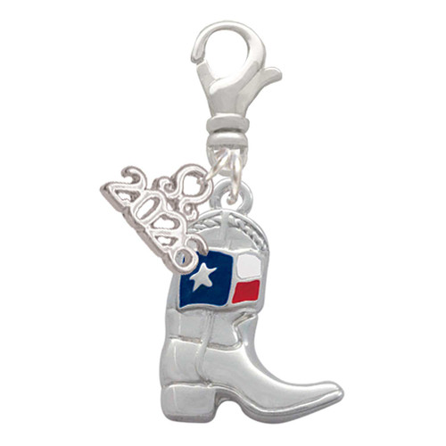 Silver Plated Cowboy Boot with Texas Flag - Silver Plated Clip on Charm with Mini Year 2026: Year to Remember Jewelry Gift - Celebrations