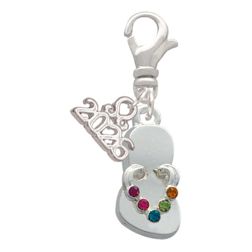 Silver Plated Multicolored Crystal Flip Flop - Silver Plated Clip on Charm with Mini Year 2026: Year to Remember Jewelry Gift - Celebrations