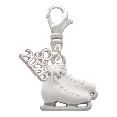 Silver Plated White Ice Skates - Silver Plated Clip on Charm with Mini Year 2026: Year to Remember Jewelry Gift - Celebrations