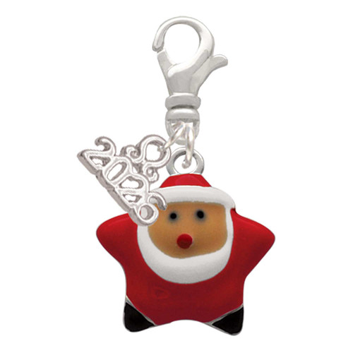 Silver Plated Red Star Santa - Silver Plated Clip on Charm with Mini Year 2026: Year to Remember Jewelry Gift - Celebrations