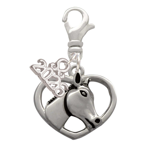 Silver Plated Heart with Horse Head - Silver Plated Clip on Charm with Mini Year 2026: Year to Remember Jewelry Gift - Celebrations