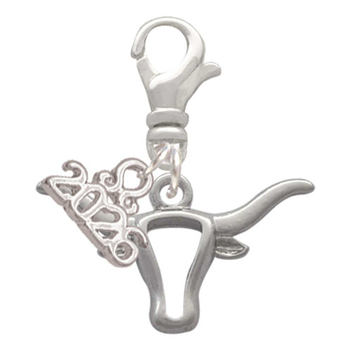 Silver Plated Longhorn Head Outline - Silver Plated Clip on Charm with Mini Year 2026: Year to Remember Jewelry Gift - Celebrations