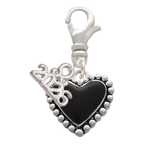 Silver Plated Black Heart with Beaded Border - Silver Plated Clip on Charm with Mini Year 2026: Year to Remember Jewelry Gift - Celebrations