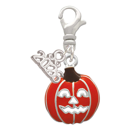 Silver Plated Jack O'Lantern with Cutout Eyes - Silver Plated Clip on Charm with Mini Year 2026: Year to Remember Jewelry Gift - Celebrations