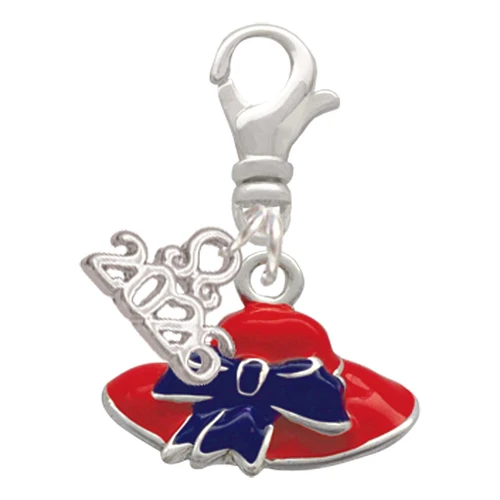 Silver Plated Red Hat With Purple Bow - Silver Plated Clip on Charm with Mini Year 2026: Year to Remember Jewelry Gift - Celebrations