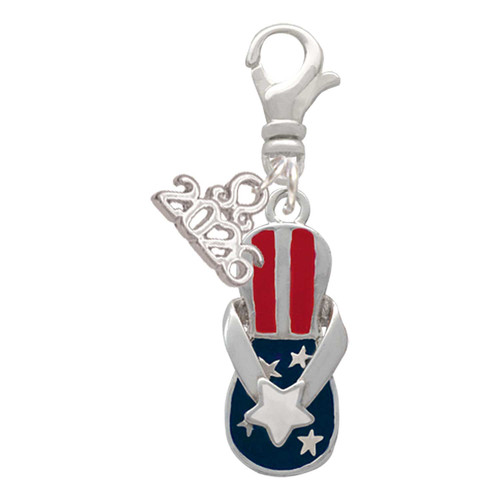 Silver Plated USA Patriotic Flip Flop with White Star - Silver Plated Clip on Charm with Mini Year 2026: Year to Remember Jewelry Gift - Celebrations