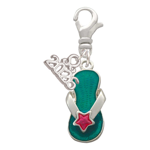 Silver Plated Tropical Blue Flip Flop with Pink Star - Silver Plated Clip on Charm with Mini Year 2026: Year to Remember Jewelry Gift - Celebrations