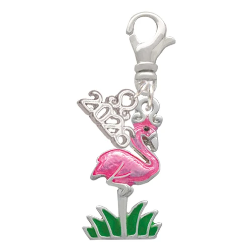 Silver Plated Hot Pink Enamel Flamingo with Grass - Silver Plated Clip on Charm with Mini Year 2026: Year to Remember Jewelry Gift - Celebrations