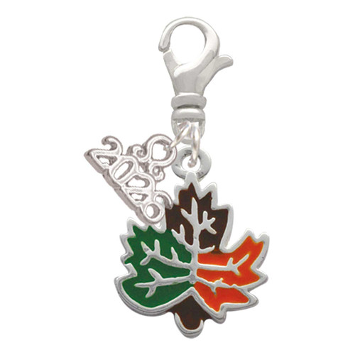 Silver Plated Large Enamel Fall Leaf - Silver Plated Clip on Charm with Mini Year 2026: Year to Remember Jewelry Gift - Celebrations