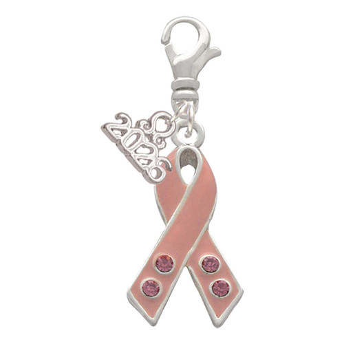Silver Plated Large Pink Ribbon with Crystals - Silver Plated Clip on Charm with Mini Year 2026: Year to Remember Jewelry Gift - Celebrations