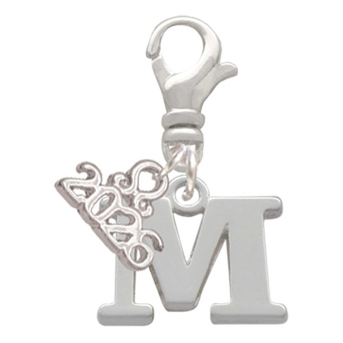 Silver Plated Large Initial - M - Silver Plated Clip on Charm with Mini Year 2026: Year to Remember Jewelry Gift - Celebrations