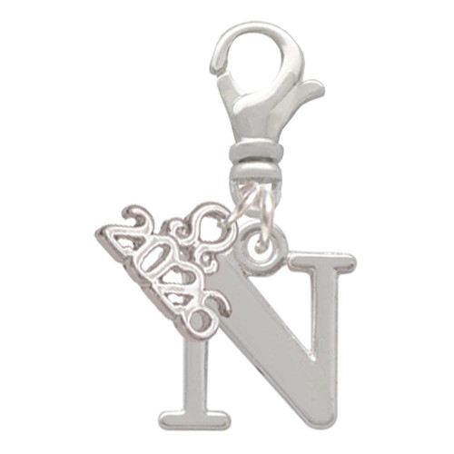 Silver Plated Large Initial - N - Silver Plated Clip on Charm with Mini Year 2026: Year to Remember Jewelry Gift - Celebrations