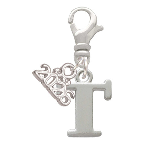 Silver Plated Large Initial - T - Silver Plated Clip on Charm with Mini Year 2026: Year to Remember Jewelry Gift - Celebrations
