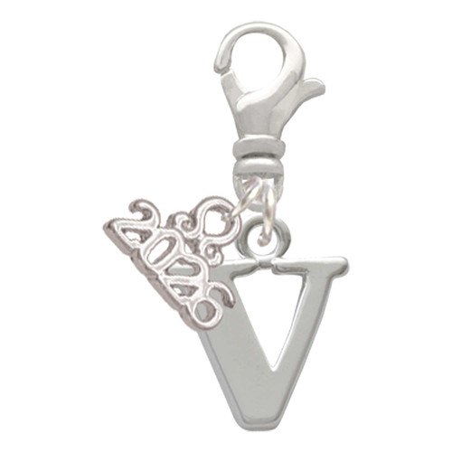 Silver Plated Large Initial - V - Silver Plated Clip on Charm with Mini Year 2026: Year to Remember Jewelry Gift - Celebrations