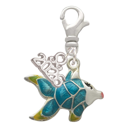 Silver Plated Blue Tropical Fish with Yellow Fins - Silver Plated Clip on Charm with Mini Year 2026: Year to Remember Jewelry Gift - Celebrations
