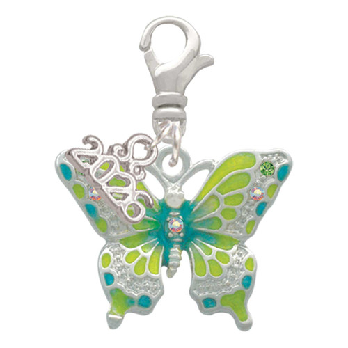 Silver Plated Large Lime Green & Blue Butterfly - Silver Plated Clip on Charm with Mini Year 2026: Year to Remember Jewelry Gift - Celebrations