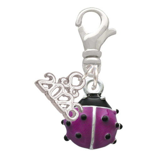 Silver Plated Mini Hot Purple Enamel Ladybug - Silver Plated Clip on Charm with Mini Year 2026: Year to Remember Jewelry Gift - Celebrations