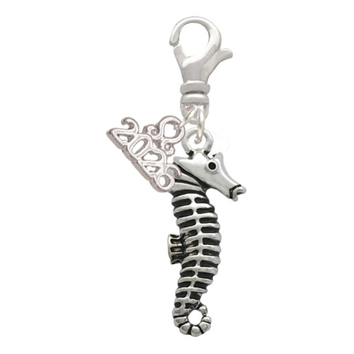 Silver Plated Antiqued Seahorse - Silver Plated Clip on Charm with Mini Year 2026: Year to Remember Jewelry Gift - Celebrations